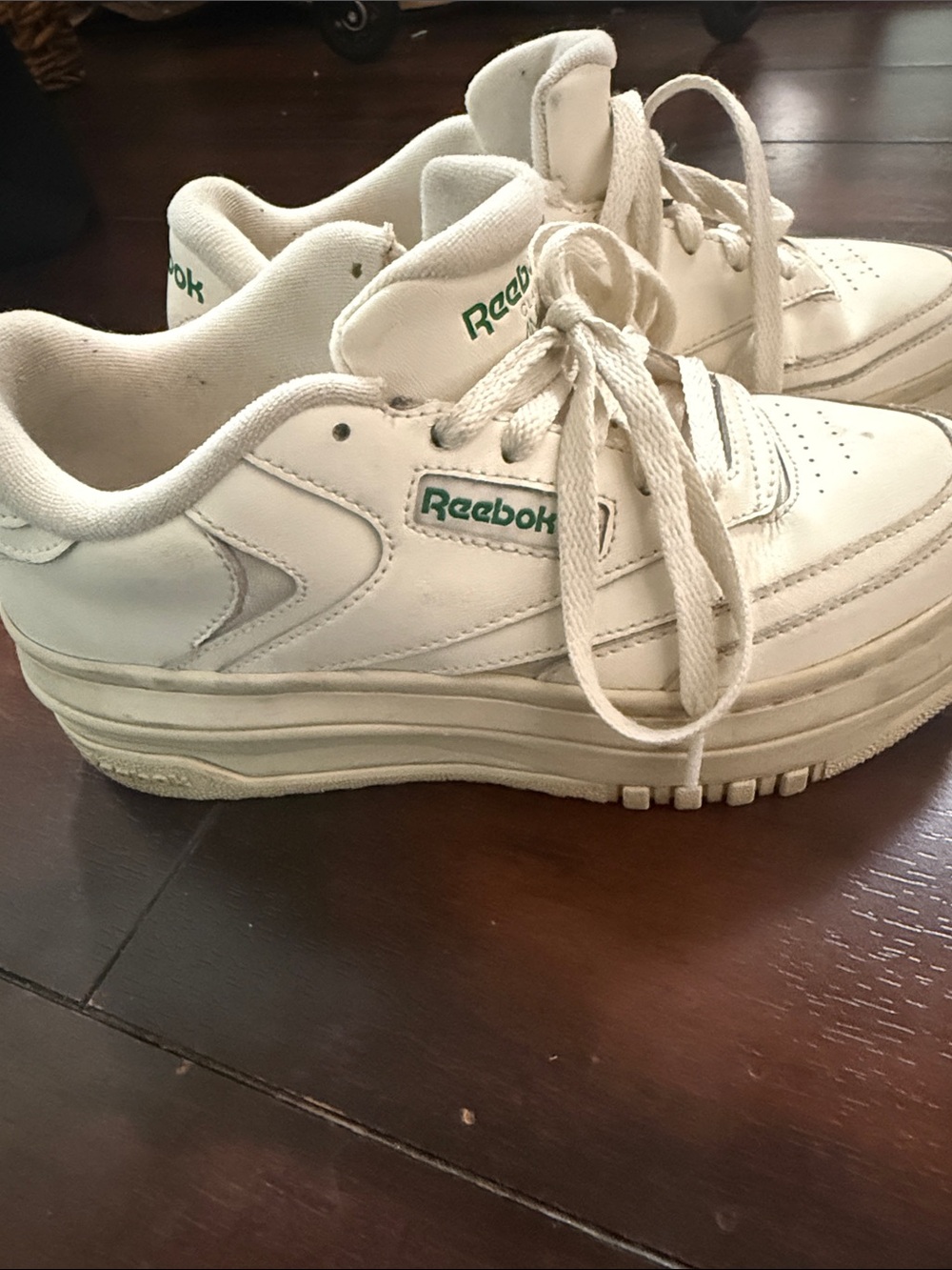 Reebok Women’s White Platform Leather Sneakers with Green Logo Accent